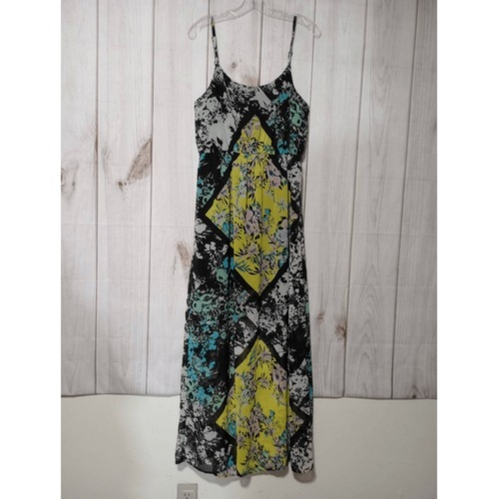 Love Fire Floral Patchwork Maxi Dress Cutout Back Yellow Black Teal Womens Large